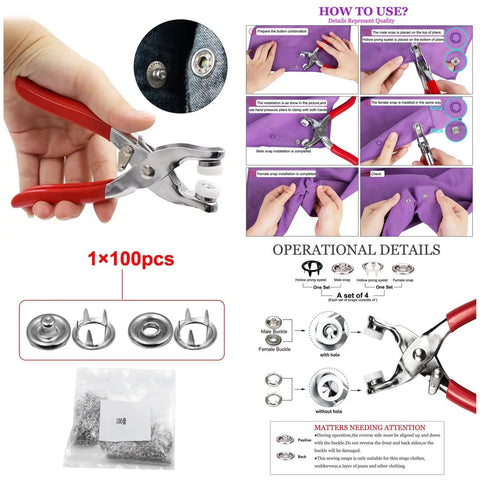 High-Quality Metal Tich Button Tool Kit with 100 Abaya Ring Buttons